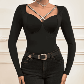 Ladies' V-neck Cross Design Slim Fit Long Sleeved T-shirt Top (Option: Black-L)