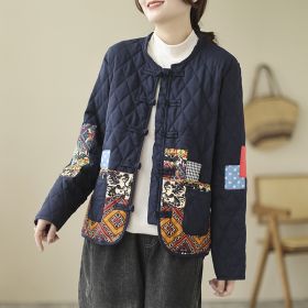 Vintage Patch Cardigan Loose Casual Buckle Rhombus Cotton-padded Jacket (Option: Yellow-M)