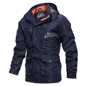 Men's Medium To Long Casual Outdoor Hooded Plus Size Jacket (Option: Navy Blue-L)