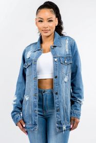 American Bazi Full Size Button Up Distressed Denim Jacket (Option: Blue-1XL)