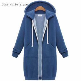 Hooded Long Sleeve Sweater Fleece Long Jacket (Option: Blue white zipper-5XL)