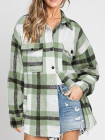 Women's Plaid Buckle Jacket Casual Fashion Long Sleeve Coat (Option: Light Green-XXL)