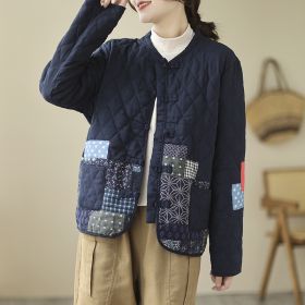 Vintage Patch Cardigan Loose Casual Buckle Rhombus Cotton-padded Jacket (Option: Blue-M)