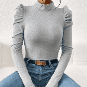 Women's High Neck Solid Color Bubble Sleeve Slim Fit Base T-shirt (Option: Grey-S)