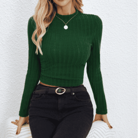 Women's Solid Color Knitted Ribbed Slim Fit Autumn And Winter Warm And Comfortable Versatile Base T-shirt Top (Option: BLG-S)
