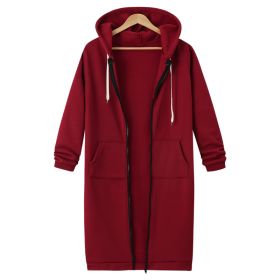 Hooded Long Sleeve Sweater Fleece Long Jacket (Option: Wine Red-5XL)