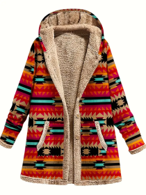 Cotton And Linen Printed Hoodie Warm Plush Coat (Option: Orange Red-S)