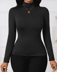 Ladies' Fashionable And Elegant Temperament Versatile Autumn And Winter Style Solid Color Base T-shirt Top (Option: Black-XXL)