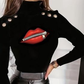 Ladies' Fashionable Casual Rivet Button Design Sexy Big Lip Printed T-shirt Long Sleeved (Option: Black-S)