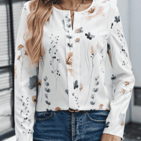 Ladies' Floral Print Casual Comfortable Shirt For Vacation, Elegant And Versatile Long Sleeved Shirt Top (Option: White-XXL)