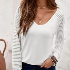 Women's Solid Color V-neck Design Striped Design Home Clothing Top (Option: White-S)