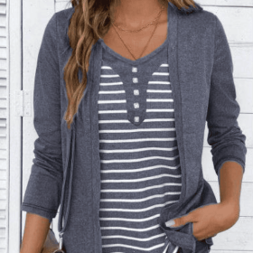 Women's Striped V-neck Fake Two-piece Design Long Sleeved Versatile T-shirt Top (Option: Grey-S)