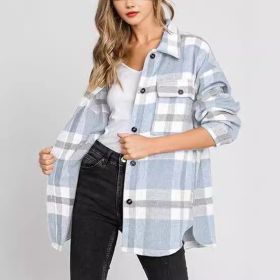 Women's Plaid Buckle Jacket Casual Fashion Long Sleeve Coat (Option: Light Blue-S)