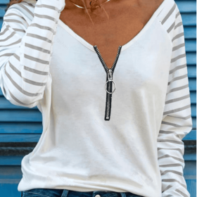 Ladies' Fashionable Leisure Vacation Half Zipper Sleeve Striped Design T-shirt Top (Option: White-S)