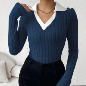 Ladies' Fashion Elegant Solid Color Long Sleeve Autumn Winter POLO Collar Fake Two Piece T-shirt Top Elegant Customization (Option: Blue-S)