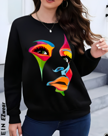 Ladies' Round Neck Face Printed Casual Fashion Hoodie (Option: Black-M)