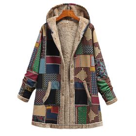 Cotton And Linen Printed Hoodie Warm Plush Coat (Option: Green-S)