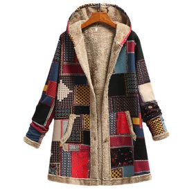 Cotton And Linen Printed Hoodie Warm Plush Coat (Option: Red-S)