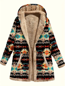 Cotton And Linen Printed Hoodie Warm Plush Coat (Option: Brown-XL)