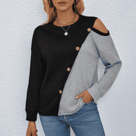 Women's Patchwork Simple Casual Versatile Long Sleeved Pullover Knitted Sweater (Option: Black-S)