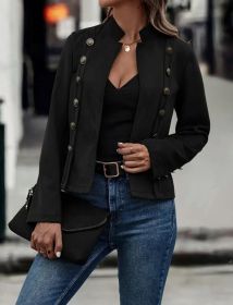 Women's Solid Color Double-breasted Decorative Deerskin Velvet Retro Long-sleeved Jacket (Option: Black-XXL)
