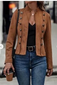 Women's Solid Color Double-breasted Decorative Deerskin Velvet Retro Long-sleeved Jacket (Option: Dark Brown-L)