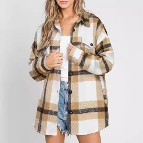 Women's Plaid Buckle Jacket Casual Fashion Long Sleeve Coat (Option: Light Brown-L)