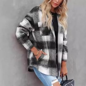 Women's Plaid Buckle Jacket Casual Fashion Long Sleeve Coat (Option: Black-L)
