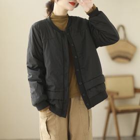 Retro Cotton Padded Thickened Cotton-padded Jacket Short Coat (Option: Black-3XL)